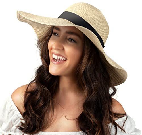 Women Floppy Sun Hat with Wide Brim—Foldable Roll-Up Straw Beach Hat UPF 50 Beige