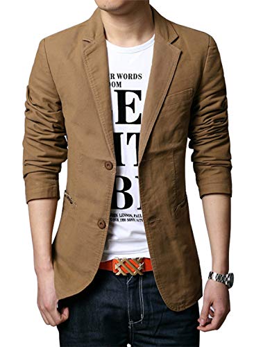chouyatou Men's Slim 2-Button Single Breasted Cotton Lightweight Blazer Jacket Sport Coat (Medium, Khaki)