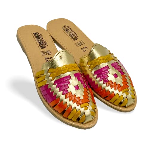 Amantoli Camila Model - Women 100% Artisan Hand Made Mexican Leather Hipster Brown Colorful Closed Toe Sandal Huarache Artesanal - Hecho a Mano Handcrafted in Mexico (US 7)