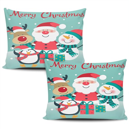 RYANZA Set of 2 Throw Pillow Covers, 12x16 Inches Boudoir Home Decor Pillowcase Cushion Cases Decorative Pillow Cases for Accent Couch Sofa Bedroom, Merry Christmas Deer Santa Penguin Snowman 1