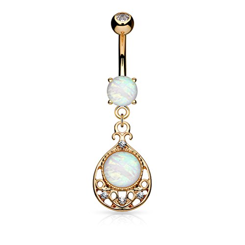 FIFTH CUE 14G Opal Glitter Center Vintage Filigree Dangle Surgical Steel Belly Button Navel Rings (Rose Gold)