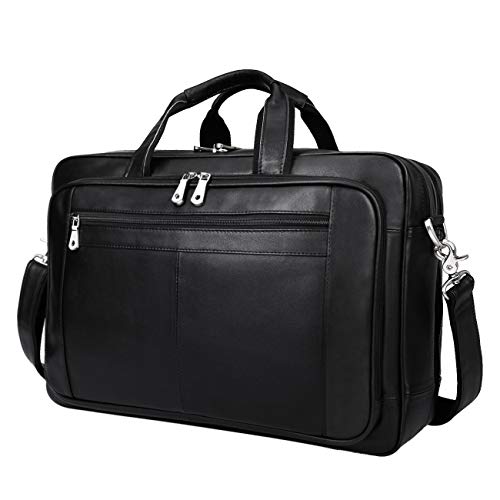 Augus Mens Leather Briefcase Messenger Bag Waterproof Travel Business Duffle Bags for Men 17 Inch Laptop Bag Black YKK Zipper