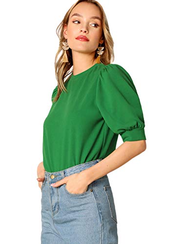 SheIn Women's Round Neck Short Sleeve Casual Solid Top Keyhole Back Blouse Green Medium