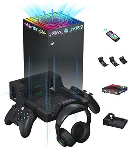 Wiilkac Upgrade Wall Mount Kit with Cooling Fan for Xbox Series X, 200+RGB Light Effects Remote Control, Wall Shelf Cooling Accessories Safely Store with 2 Controller Holder & Headset Hook - Black