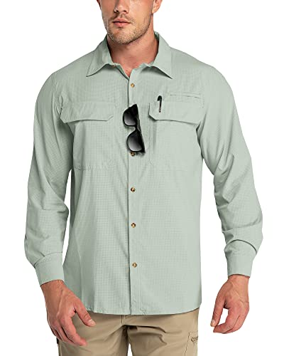 Outdoor Ventures Men's UPF 50+ UV Sun Protection Shirt, Long Sleeve Hiking Fishing Shirt Cooling Quick Dry for Safari Travel Light Green