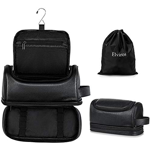Elviros Toiletry Bag, Mens Leather Travel Organizer Kit with hanging hook, Large Water-resistant Toiletries Bathroom Shaving Bags for Women (Black)