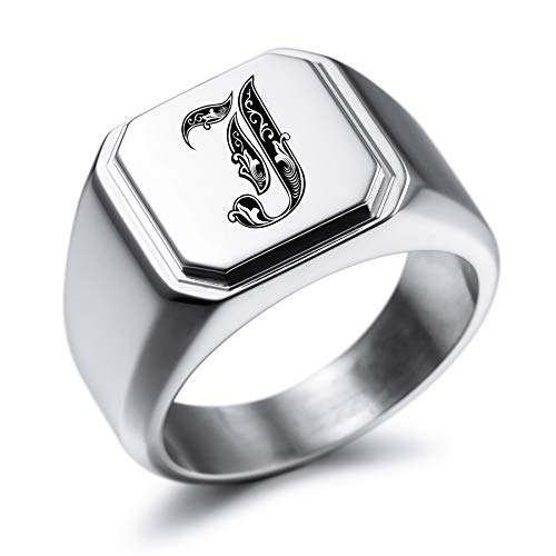 MeMeDIY Personalized Signet Ring for Men Women Boys Girls Customized Engraving Initial Letter/Name/Alphabet Royal Monogram Biker Style Square Ring with Ring Size Adjusters (Silver Color, Size 10)