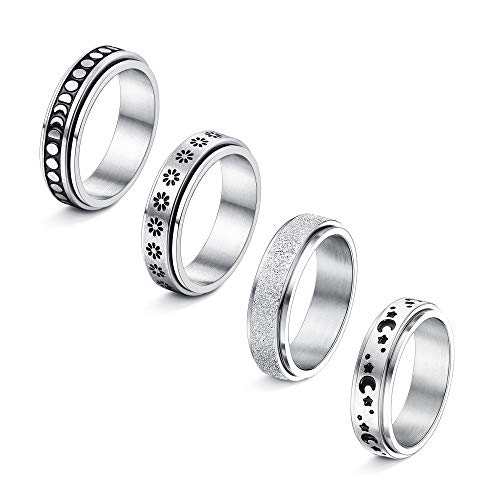 Jstyle 4Pcs Stainless Steel Fidget Band Rings for Women Mens Spinner Rings Flower Moon Star Cool Rings Stress Relieving Wedding Promise Rings Set Style 1 Size 8