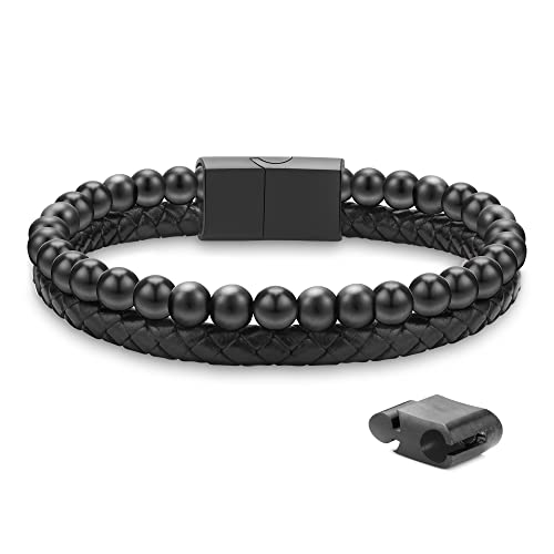 LUXEJEW Mens Bracelet Gifts for Men - 6mm Natural Stone Matte Agate Mens Beaded Bracelets Black Mens Leather Bracelet Anxiety Bracelet Mens Bracelets Beads Gifts for Dad Matte Agate Bracelets for Men
