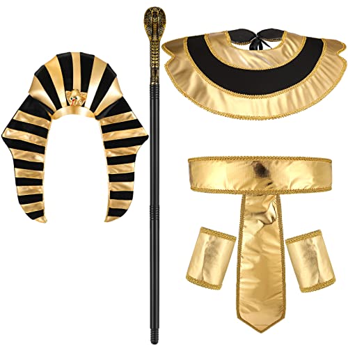 6 Pieces Egyptian Costume Accessory Set Pharaoh Hat Egyptian Collar Egyptian Belt Cuffs Cobra Head Scepter for Men Halloween King Tut Cosplay Role Play Prop Party Supplies
