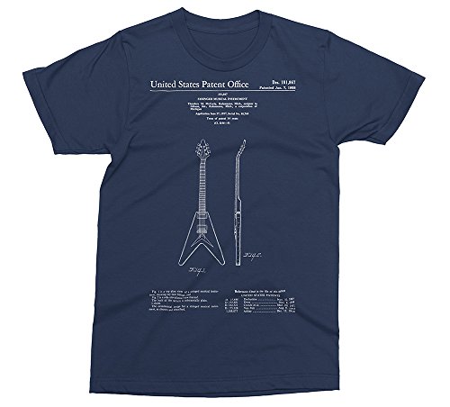 Gibson Flying V 1958 Patent - Guitar Music T-Shirt [Color - Navy, Size - L]