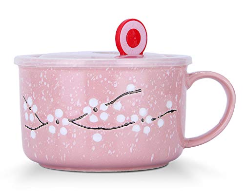 VanEnjoy 30oz Ceramic Bowl Set with Lid & Handle,Cherry Blossoms Among Snow Flake Pattern,Microwave for Instant Noodle Sara, Cereal Bowl (Pink)