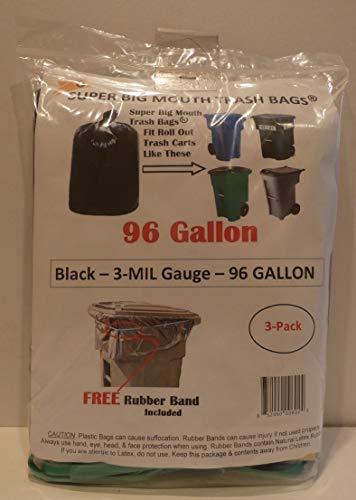 96 Gallon Super Big Mouth Trash Bags 3-Pack Plus 1 Free Rubber Tie Down Band