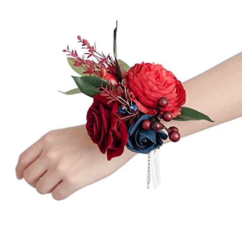 Ling's Moment Classic Burgundy & Navy Wrist Corsages for Wedding(Set of 2), Corsages for Prom, Mother of Bride and Groom, Prom Flowers