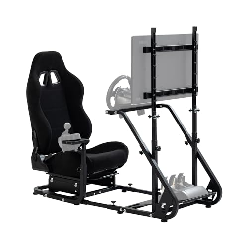 Marada Racing Cockpit Frame with TV Stand,Gear Mount & Black Seat Fit for G923, G920, T500, Fantec/T3PA/TGT,Height Adjustable,Wheel and Pedals Not Included