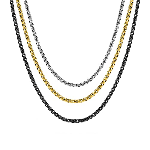 TRUSUPER 3Pcs Stainless Steel Box Chain Necklace, Silver Black Gold Plated Square Role Chain for Pendant Men Women Jewelry with Gift Box