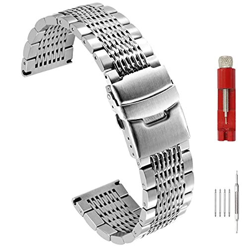 SINAIKE Brushed Silver 22mm Watch Band Stainless Steel Bracelet Watch Strap Deployment Clasp Mesh Watch Belt for Men Women