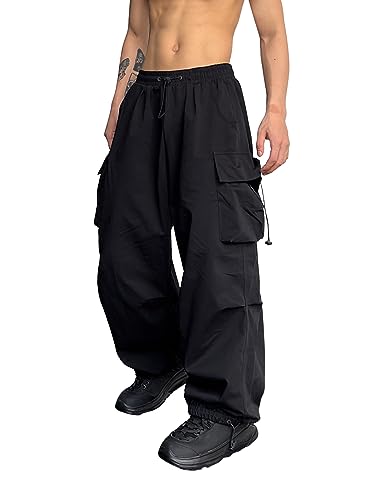 OYOANGLE Men's Cargo Pants Elastic Waist Flap Pockets Hip Hop Baggy Harem Pants Black XXL