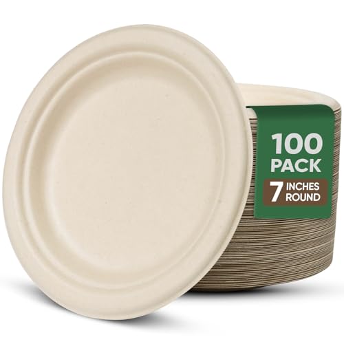 TaidMiao Dessert Plates, 7 Inches Small Paper Plates, 100 Pack Disposable Plates – 100% Compostable Plates, Water & Oil Proof, Microwavable Paper Plate For Party - Brown