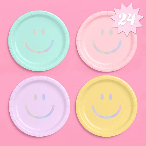 xo, Fetti Smiley Paper Plates - 24 pk, 9' | Happy Pastel Birthday Party Decorations, Cute Bachelorette Party, Cool Cake Plates