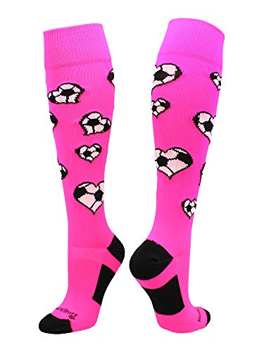 MadSportsStuff Love Soccer Hearts Socks Over the Calf (Neon Pink, Medium)