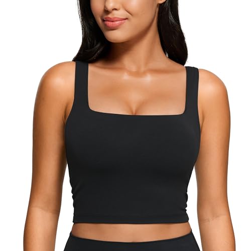 CRZ YOGA Butterluxe Womens Square Neck Longline Sports Bra - Workout Crop Tank Tops Padded with Built in Shelf Yoga Bra Black Large