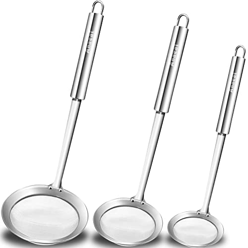 Anaeat Stainless Steel Fat Skimmer Spoon - Set of 3 Professional Kitchen Fine Mesh Food Strainer and Hot Pot Skimmer with Long Handle for Skimming, Cooking, Frying, Grease, Gravy and Foam (3'+4'+4.7')