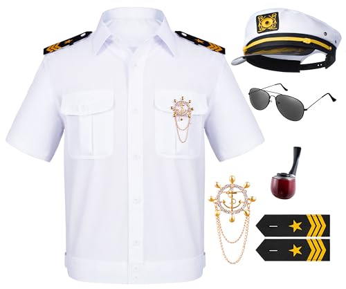 TOGROP 6PCS Men's Yacht Captain Sailor Costume Adult Shirt Hat Accessories Set Party Cosplay X-Large