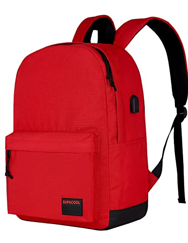 SUPACOOL Lightweight Casual Laptop Backpack with USB Charging Port For for Men and Women, classic backpack for College (Red)