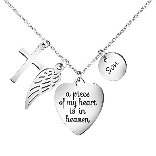 JoycuFF Memorial Necklace for Loss of Son Sympathy Gifts In Memory of Son for Dad Mom Grief Jewelry Remembrance Gifts for Women Angel Wings Cross Charm A Piece of My Heart is in Heaven Silver Pendant