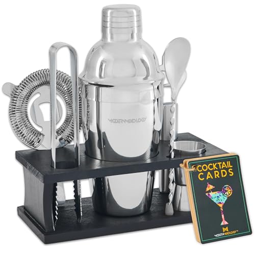 Mixology Bartender Kit - 8-Piece Silver Cocktail Shaker Set with Black Pine Wood Stand, Recipe Cards, and Bar Accessories Ideas