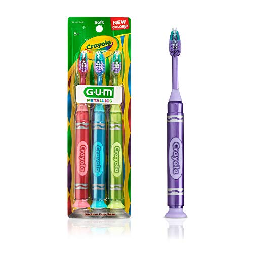 GUM Crayola Metallic Marker Children’s Toothbrush , Soft Bristled Kids’ Toothbrush Set Age 5+ , Suction Cup Base , 3 Count