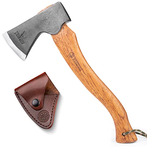 NedFoss 15' Hatchet, Chopping Axes and Hatchets for Wood Splitting and Kindling, Forged Carbon Steel Bushcraft Axe Head Beech Wood Handle, Retro Leather Sheath