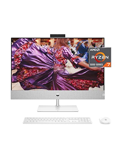 HP Pavilion 27” All-in-One Desktop, AMD Ryzen 7 5700U, 16 GB RAM, 256 GB SSD & 1 TB Hard Drive, Full HD Touchscreen, Windows 11 Home, 5 USB Ports, 5MP Pop-up Camera, Keyboard & Mouse (27-ca0070, 2021)