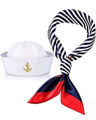 Geyoga Sailor Hat and Scarf Set for Women Men Navy Outfit Blue with White Sailor Hat Captain Hat Sailor Scarf for Costume Accessory(Vintage Style)