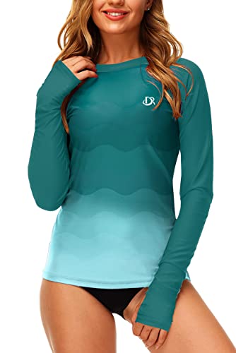 Deerose Women Long Sleeve Rashguard UV Gradient Hiking Beach Swim Shirt Bathing Suit Green S