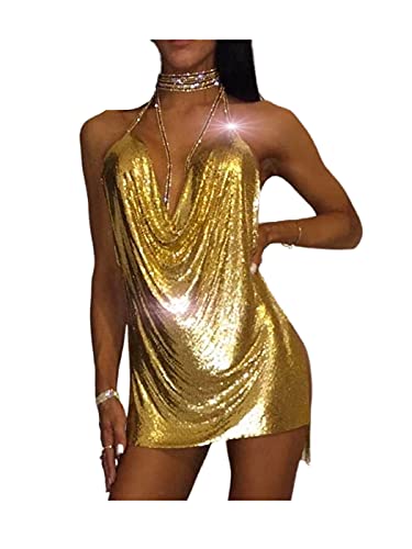 Fstrend Sexy Sequins Short Dress Slit Gold Blackless Metal Skirts Cocktail Body Chain Beach Bikini Rave Clubwear Body Accessories Jewelry for Women and Girls