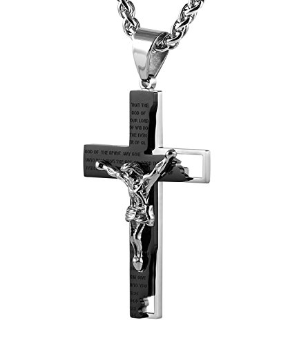 HZMAN Men's Stainless Steel Cross Crucifix Bible Prayer Pendant Necklace 22+2' Chain, Black Silver