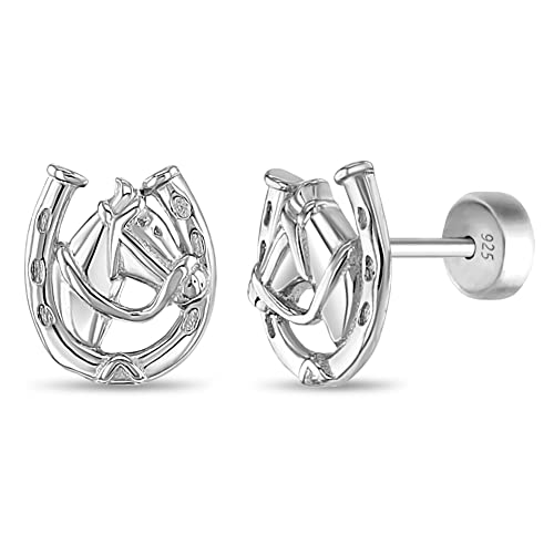 925 Sterling Silver Horse Earrings for Girls | Equestrian Horseshoe Safety Back Earrings For Toddlers & Young Ladies Horse Shoe - Lovely For Toddlers to Teen or Horse Lover Kids