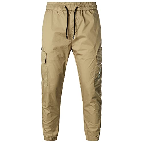Slim Fit Stretchy Cargo Pants for Men Casual Pants for Men Casual Drawstring Elastic Waist Multi Pockets Cargo Pants Skinny-Fit Beam Feet Straight Legs Khaki M