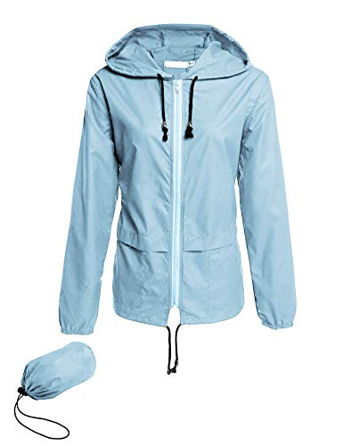 Avoogue Lightweight Raincoat Women's Waterproof Windbreaker Packable Outdoor Hooded Rain Jacket Light Blue M