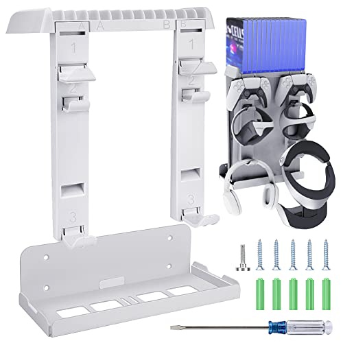 Jhua PSVR2 PS5 Wall Mount Kit Metal Wall Shelf for Playstation 5 Disc Version & Digital Edition, 8-in-1 PS5 VR2 Wall Bracket Stand with Controller Holder, Headset Headphone Hanger,14 Game Discs Slot