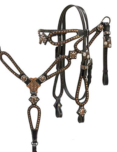 Showman Black Leather Headstall & Breast Collar Set w/Copper Studs & Engraved Copper Conchos