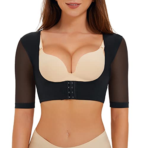 LANCS Upper Arm Shaper Post Surgery Arm Compression Sleeves Lipo Garment Posture Corrector Tops Back Support Shapewear (Black, Large)