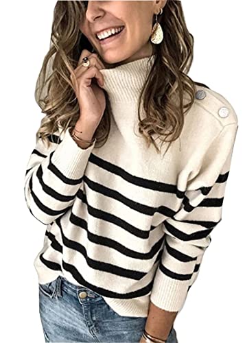 KIRUNDO Women's 2024 Fall Winter Long Sleeve Knit Sweater Turtleneck Striped Loose Pullover Tops Deco with Metal Buttons(White, Medium)