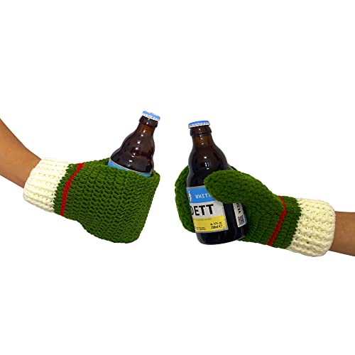 Knit Stitched Beer Mitten Gloves Drink Holder for White Elephant Gag Gift Tailgating Idea Drinking Beer Outdoor in Winter (Green/A Pair)