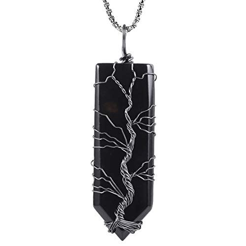 Nupuyai Tree of Life Wire Wrapped Crystal Point Stone Pendant Necklace for Women Men, Black Obsidian