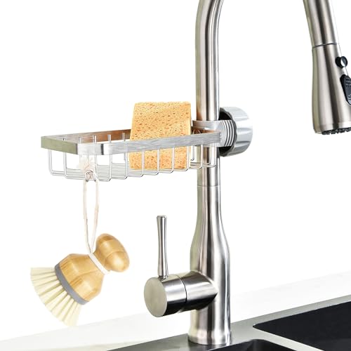 LONIN Sponge Holder Over Faucet Kitchen Sink Caddy Organizer, Stainless Steel Detachable Hanging Faucet Drain Rack for Bathroom, Scrubbers, Soap, Chrome