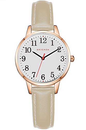BRIGADA Women's Watch Nice Fashion Elegant Rose Gold White Leather Band Ladies Watch for Women
