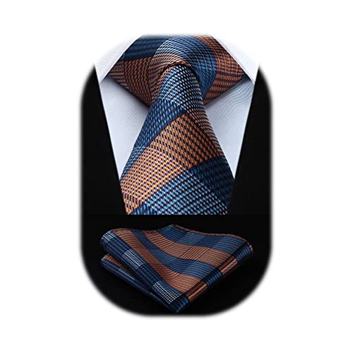 HISDERN Blue Brown Ties for Men Wedding Plaid Necktie Classic Check Silk Woven Tie & Pocket Square Set Gingham Formal Business Neckties handkerchief